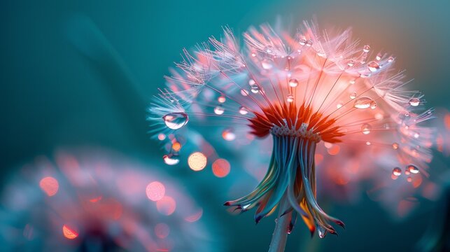 Beautiful water drop on a dandelion flower seed macro in nature. Beautiful deep saturated blue and turquoise background. free space for text. Bright colorful expressive artistic image form.