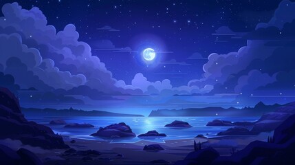 Seascape at night with rock formations in sea water, surrounded by starry sky with full moon. Marine nighttime tranquil background. Cartoon modern illustration.