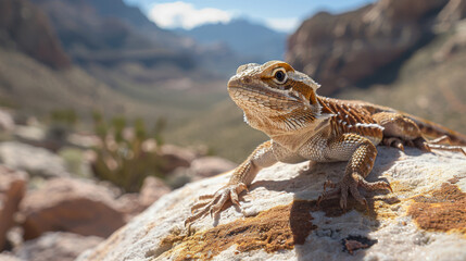 Fototapeta premium Lizard perched on rock in desert landscape. Dry arid southwest desert scene. Close-up.