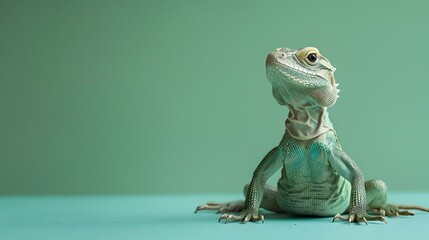 Surreal Frilled Neck Lizard in Meditative Pose on Plain Green Background - obrazy, fototapety, plakaty