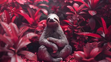 Naklejka premium Albino Sloth Meditating in Vibrant Fuchsia Foliage Studio Scene