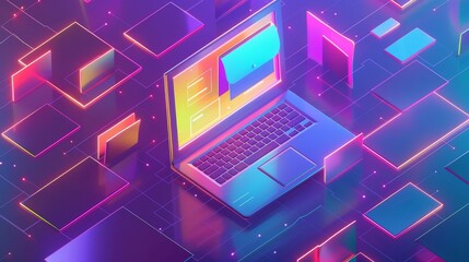 Organize database with isometric laptop and folder on modern landing page of data classification banner. - obrazy, fototapety, plakaty