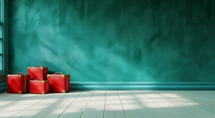 Red suitcases on the floor against an emerald green wall, empty space for text