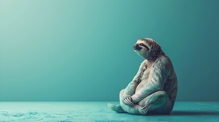 Naklejka premium Peaceful Sloth Meditating in Serene Seafoam with Minimalist Lighting and Copy Space