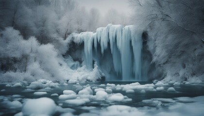 a waterfall is covered in ice and snow