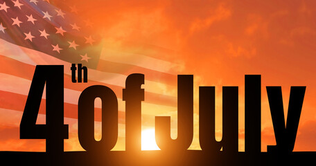 4th of July lettering on sunset background. American holiday concept. Independence day .3d illustration.