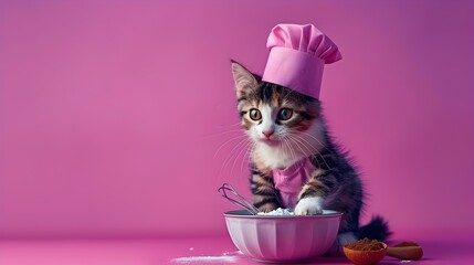 Chubby Calico Cat Mixing Ingredients in Vibrant Purple Studio Setting - obrazy, fototapety, plakaty