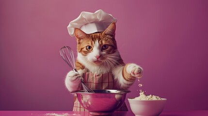 Surreal Calico Cat Chef Mixing Ingredients in Vibrant Purple Kitchen Scene - obrazy, fototapety, plakaty