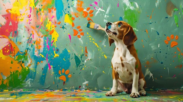 Beagle Painting a Vibrant Surreal Mural with Paws and Brush in Mouth on Vivid Green Background