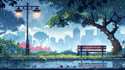 An urban 2D landscape with a public garden separated by layers as a parallax background at rainy weather. Summer or spring rain scenery cityscape. Modern illustration.