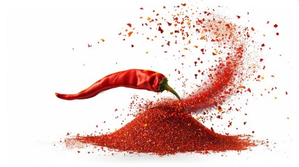 Red pepper powder sprinkles. Modern realistic illustration of ground paprika and chili pepper seasoning. Isolated on a white background. - obrazy, fototapety, plakaty