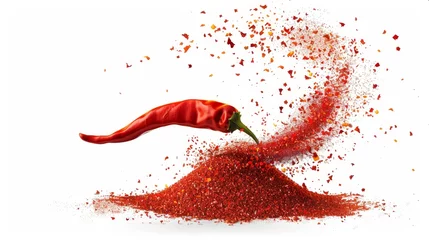 Fotobehang Red pepper powder sprinkles. Modern realistic illustration of ground paprika and chili pepper seasoning. Isolated on a white background. © Mark