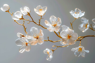 Sakura flowers branch by frosted glass petals with soft gold branch 3D render style isolated on white background in concept luxury, modern, floral art.