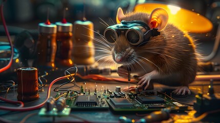 Mischievous Brown Rat Soldering Wires on a Miniature Circuit Board Under a Workbench Lamp Conveying Playful Technical Curiosity