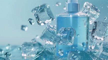 Isolated 3D illustration of refreshing men's body wash and ice cubes dropping into water