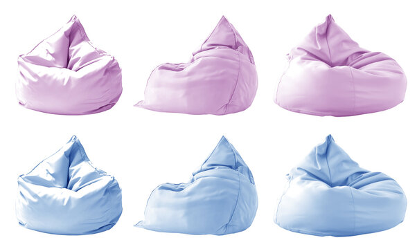 2 Collection set of pastel light blue purple plain beanbag bean bag seat chair, front side view on transparent cutout, PNG file. Many angle. Mockup template for design