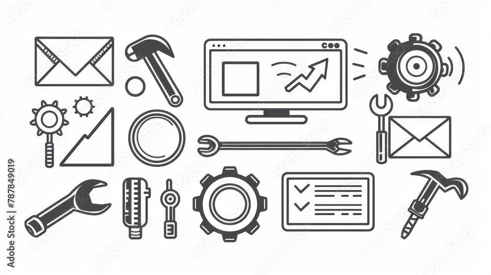 Poster the seo doodle icons pack includes a diagram on a screen with a magnifier and a document, a scale, c