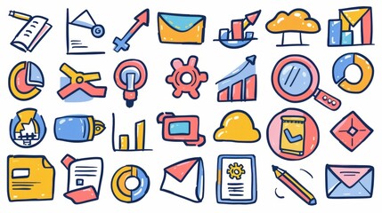 The data analysis set includes cloud storage icons, magnifying glasses, graphs, arrows, servers, cogwheels, and documents. The set includes line art modern illustrations with cell charts under the