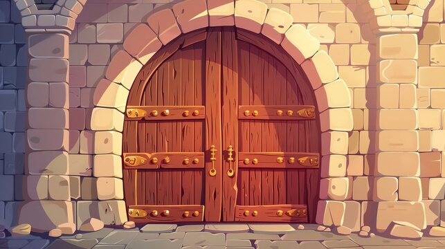 An ancient interior with brick wall and wood gates with golden handles and hinges with medieval wooden doors in stone arch. Modern cartoon illustration of ancient interior with brick wall and wood