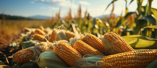 Ripe corn on the cob in the field. Agricultural background. - obrazy, fototapety, plakaty