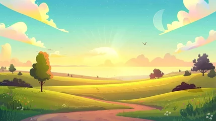 Fotobehang At sunset, rural landscape with agriculture fields. Modern illustration of green grass, trees, road, and sun on horizon. © Mark