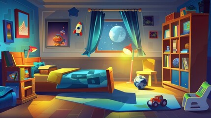 A boy's bedroom with bed, cupboard, bookshelf, chair and toys box at night, with books, balls, rockets, robots and a night light. Modern cartoon illustration.