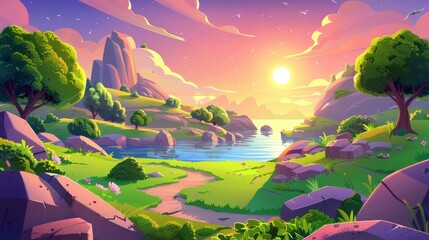 A summer landscape with mountains and lake at sunset. Outdoor scene featuring a river, trees, rocks, and the sun on the horizon. Modern illustration of a valley with green grass at dusk.