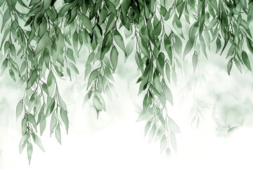watercolor painting of weeping willow leaves in green shades on white with space for text.