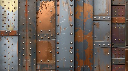 The textures of the old steel sheets with screws are suitable for game backgrounds. The seamless patterns are based on modern cartoons and depict an industrial wall surface with iron panels and