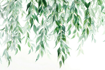 watercolor painting of weeping willow leaves in green shades on white with space for text.