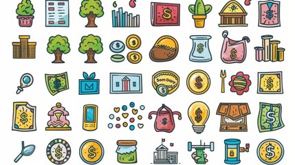 Set of doodle icons related to finance, banking, and investments. Includes money tree in flower pot, building, purse with dollar bill, money sack, piggy bank, POS terminal, scales.