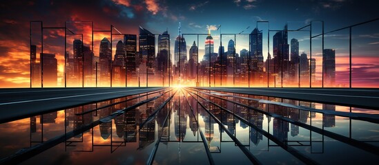 modern city at sunset with skyscrapers - obrazy, fototapety, plakaty