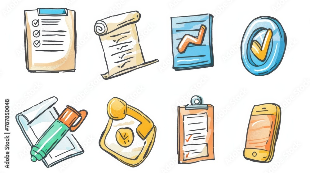 Poster a modern hand drawn set of quality control signs with checklist, document with checkmark, certificat