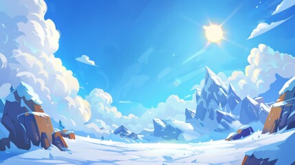 An illustration of a landscape with high snowy rocks tops, fluffy white clouds, and sunlight in an afternoon daytime blue sky above clouds. - obrazy, fototapety, plakaty