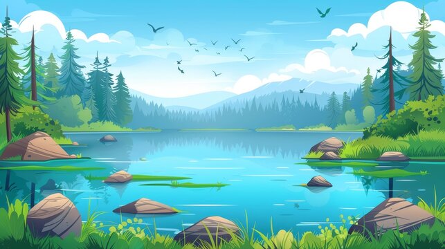 This is a summer nature scene with a lake, green grass on rocks, and conifers trees. It is surrounded by clouds in the sky with flying birds, and it is surrounded by ponds and spruces.
