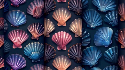 Coastal abstract background with seashell seamless patterns. Blue, pink and brown scallops, tropical bivalve mollusks with cartoon texture set.