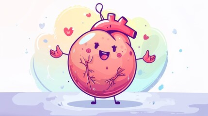 Cute cartoon character of human heart. A cute cartoon character of the cardiological system, holding hands in the middle of a rib cage with a kawaii face and waving hand. Health body anatomy for - obrazy, fototapety, plakaty
