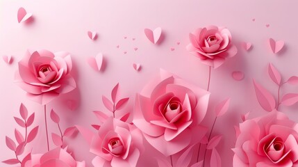 A 3D illustration of a happy Valentine's Day design with pink paper flowers