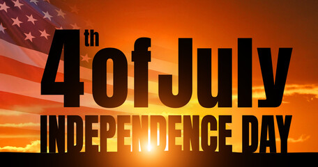 4th of July lettering on sunset background. American holiday concept. Independence day .3d illustration.