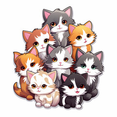 The image shows a group of nine adorable, cartoon-style kittens of various colors and patterns, arranged in a pyramid formation. Each kitten has large, expressive eyes and a cute. AI generated image