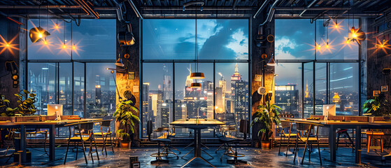 Elevated View of Bangkok at Dusk, Rooftop Bar Scene with Skyline and Glowing Skyscrapers, Urban Nightlife