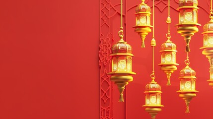 Obraz premium An image of golden lanterns hanging from a red background with a golden mosque