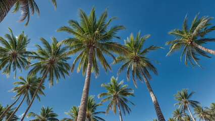 Fototapeta na wymiar Coconut and Palm Trees, Sunny Day Beach, Blue Sky Low-Angle View