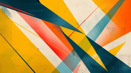 Fotobehang Stylish banner background with intersecting polygons and lines in vibrant yellow, orange, and blue hues, adding a touch of hipster flair © Naseem