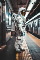 Astronaut Explores Futuristic Subway in Surreal Urban Adventure