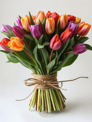 Beautiful bouquet, Mothers day gift. Isolated on white background. Tulips, colorful, fresh. Anniversary. Thank you.