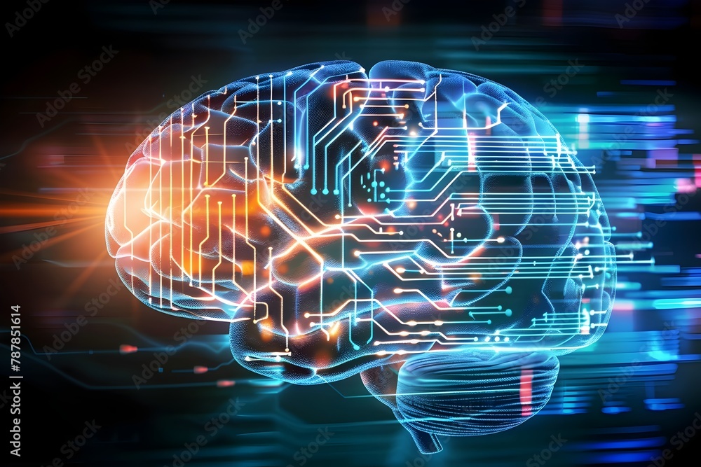Poster futuristic artificial brain with interconnected digital circuit board anatomy showcasing technologic