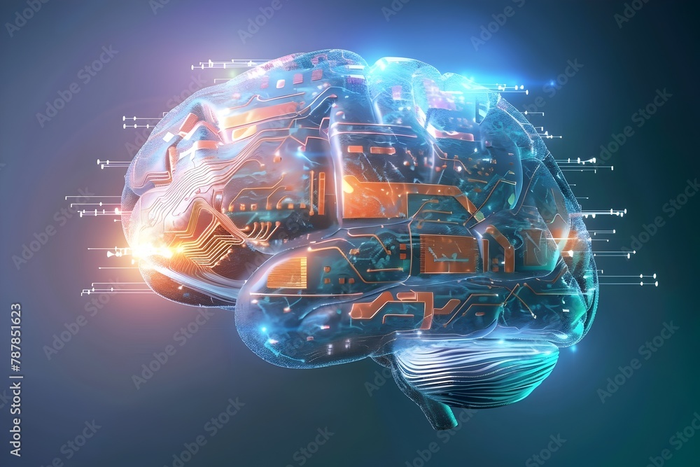 Aufkleber brain partially consists of futuristic circuit board in depiction of technological innovation and ar