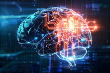 Digitally Rendered Brain with Intricate Circuit Board Patterns Symbolizing Advanced Cognitive and Computational Capabilities