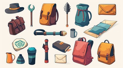 A set of modern cartoon icons with hiking tools, a flashlight, hats, mats, thermoses, an envelope with a letter, and a tourist diary for exploration and travel.